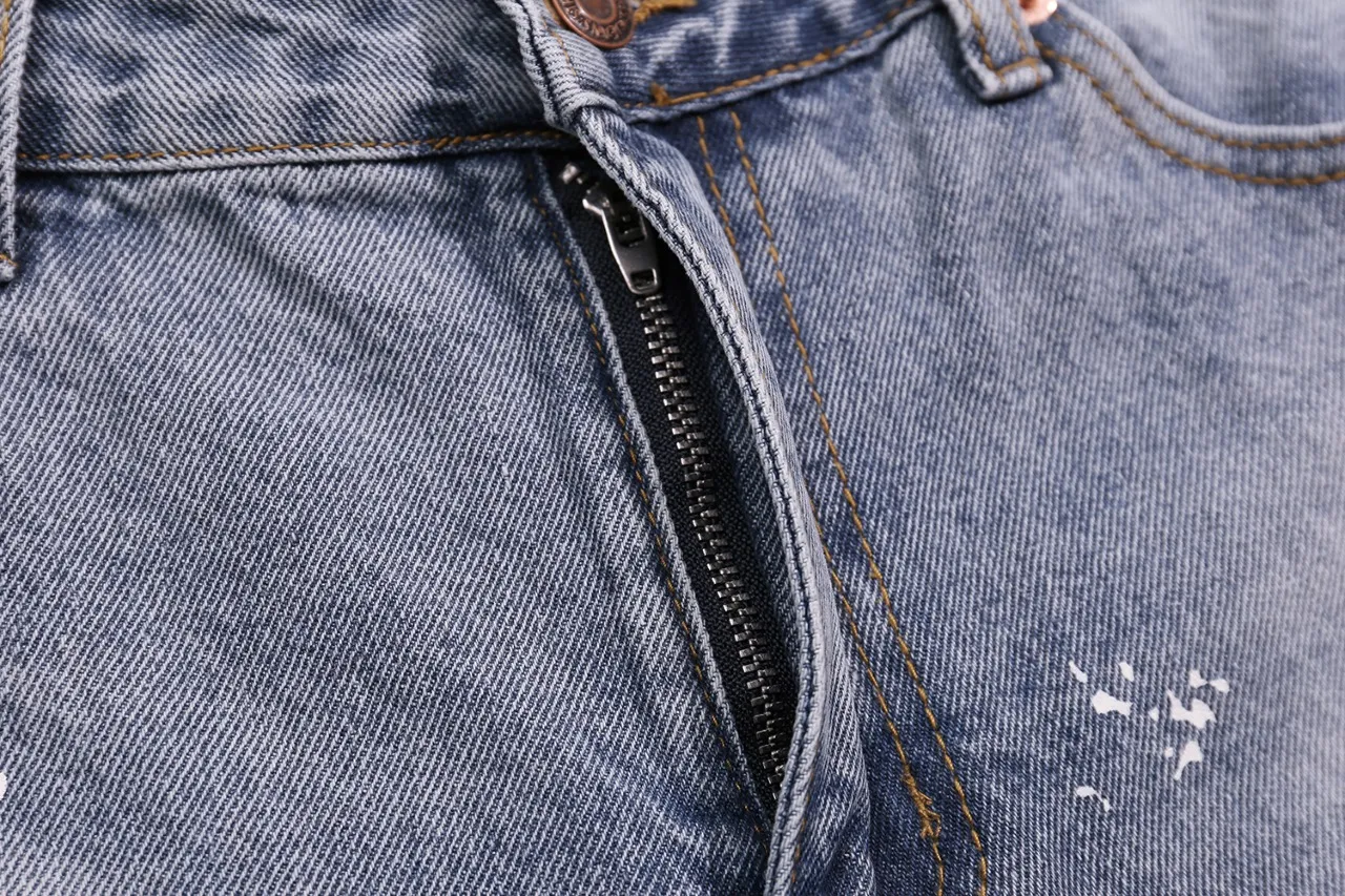 p240 (detail picture) 638#Gallery Dept new style splash ink hole knife cut washed blue micro-flare jeans versatile casual pants American high street trousers washed blue S~XL